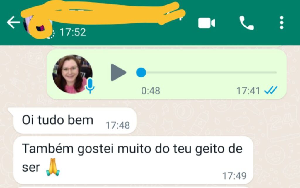 Depoimento recebido no whatsapp sobre o atendimento da eleone com Terapeuta.
