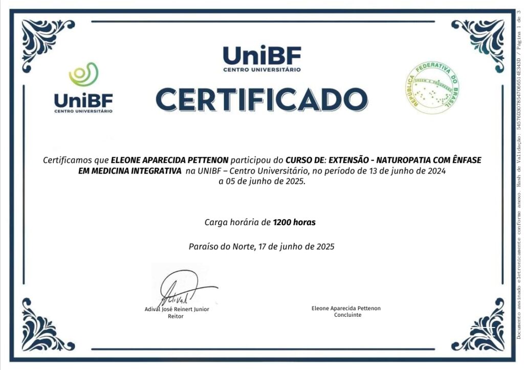 Certificado da Eleone de Terapeuta Naturopata Integrativa e Hábitos Saudáveis